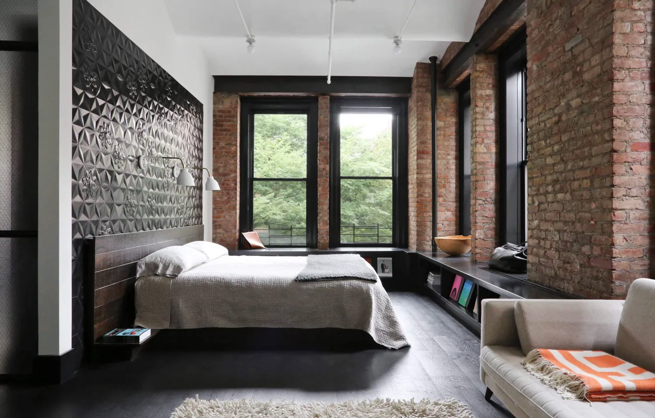 Photo wallpaper design, interior, bedroom, Industrial Apartment