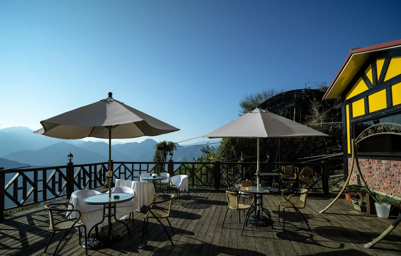 Photo wallpaper mountains, umbrella, stay, cafe, table