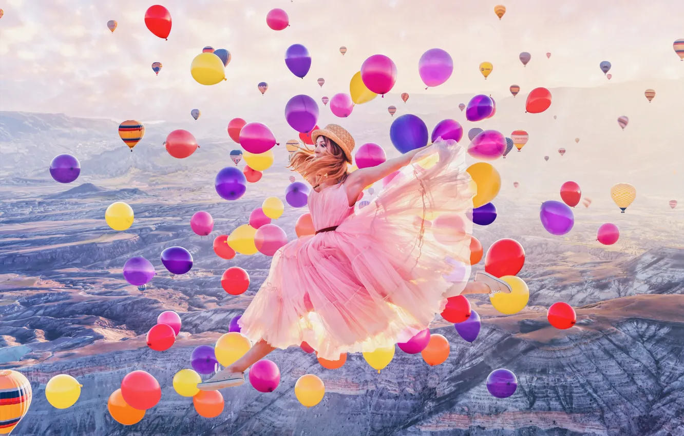 Photo wallpaper girl, balls, mountains, balloons, mood, jump, hat, dress