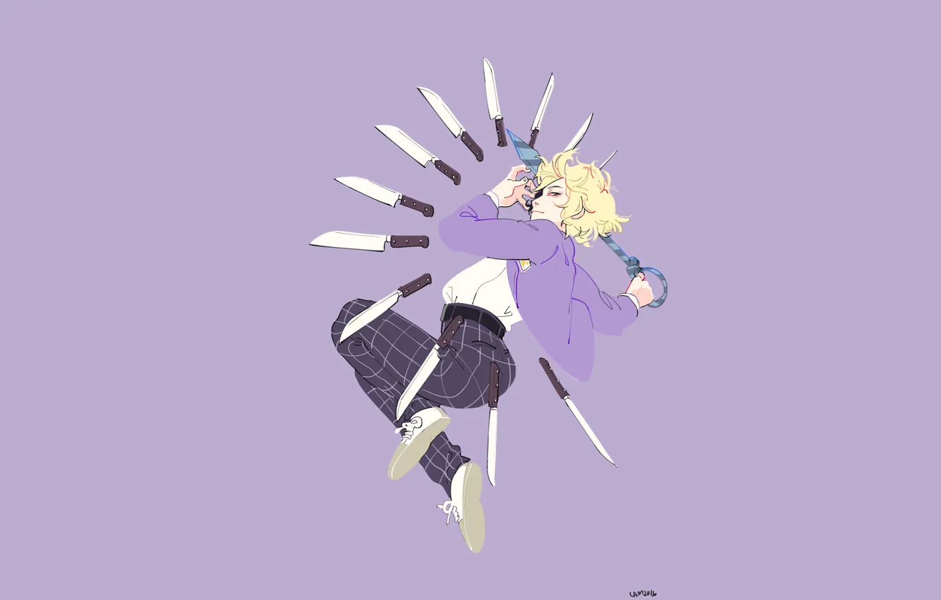 Photo wallpaper guy, knives, purple background, Mob Psycho 100