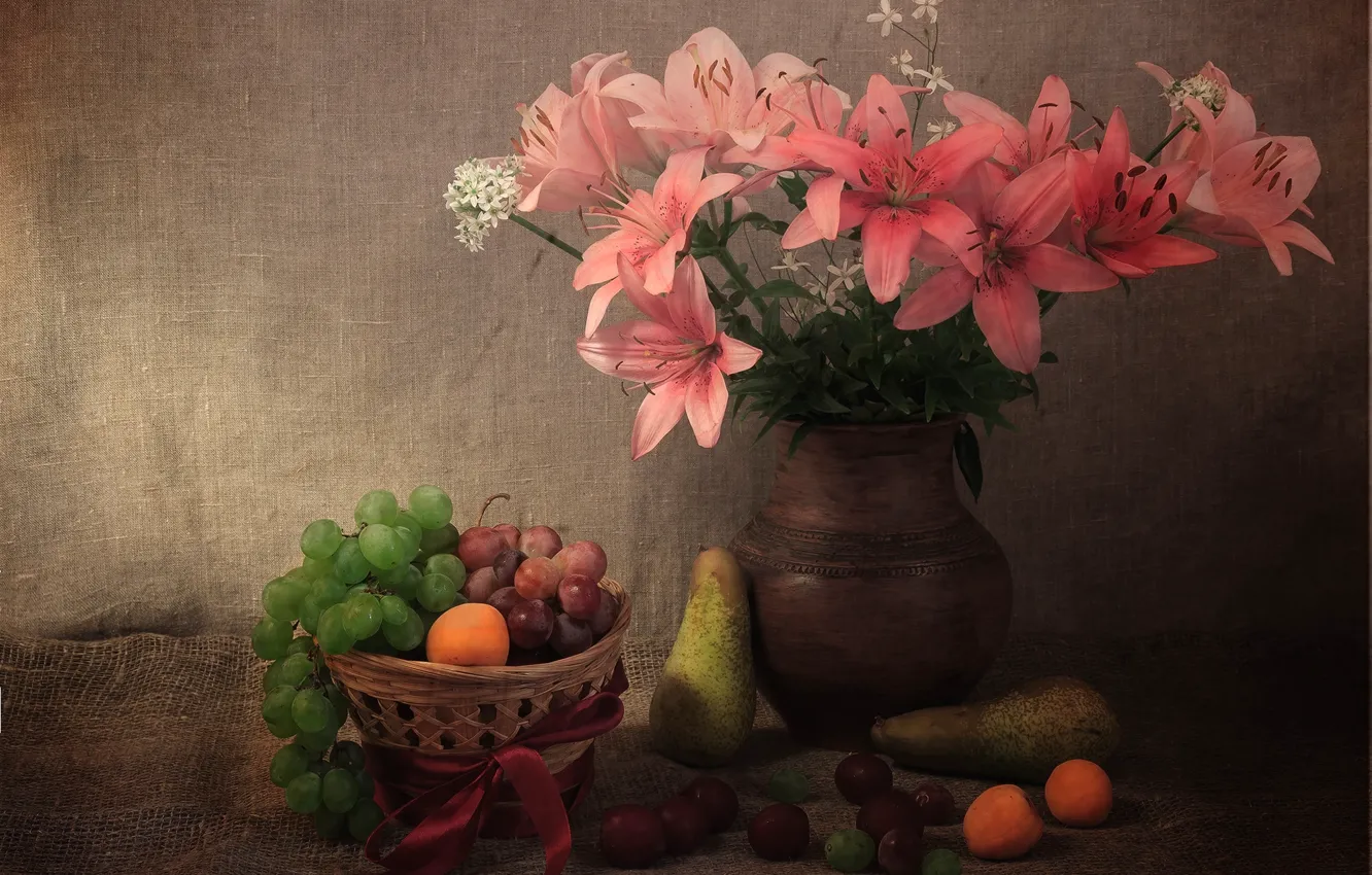 Photo wallpaper berries, basket, Lily, bouquet, texture, grapes, fabric, pear