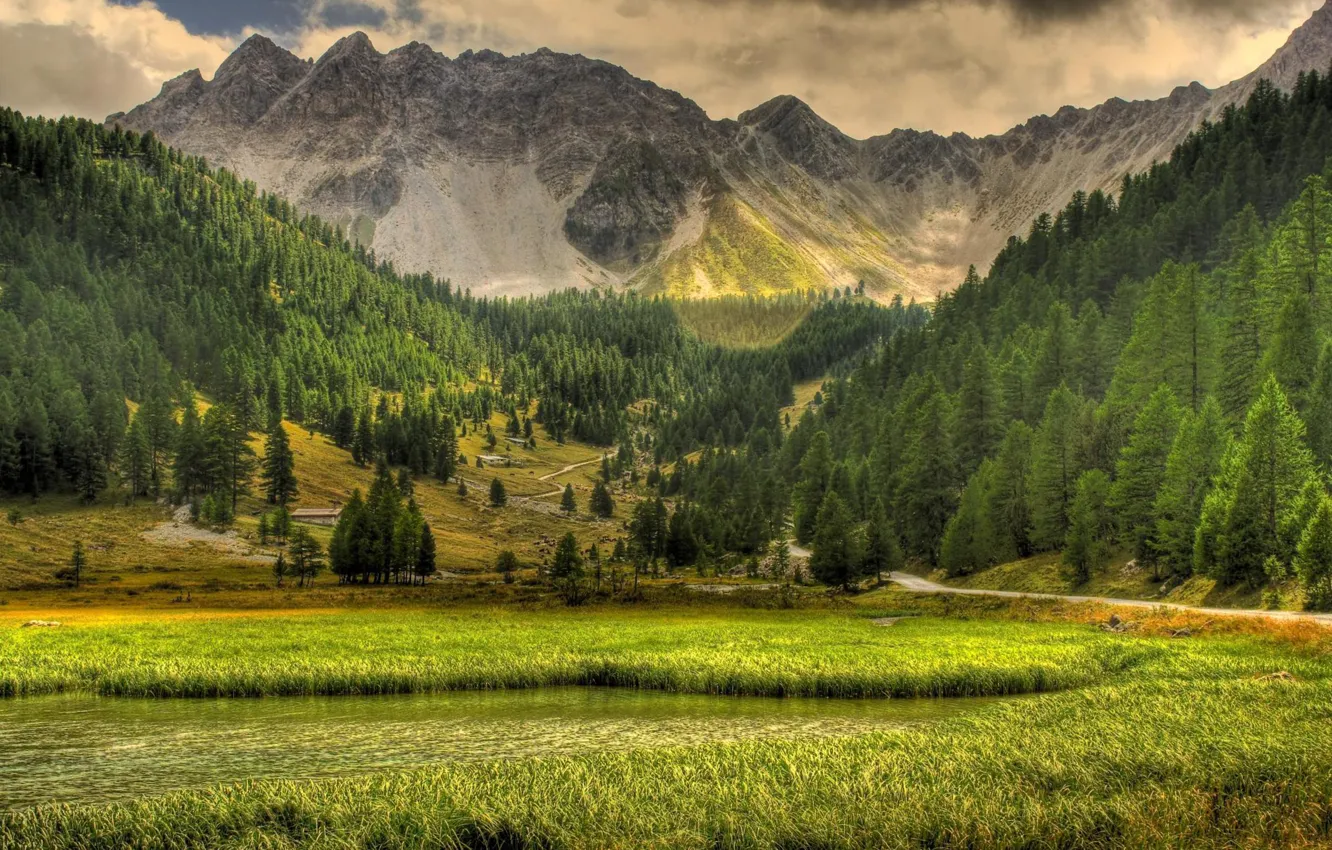Photo wallpaper the sky, grass, clouds, trees, landscape, mountains, nature, lake