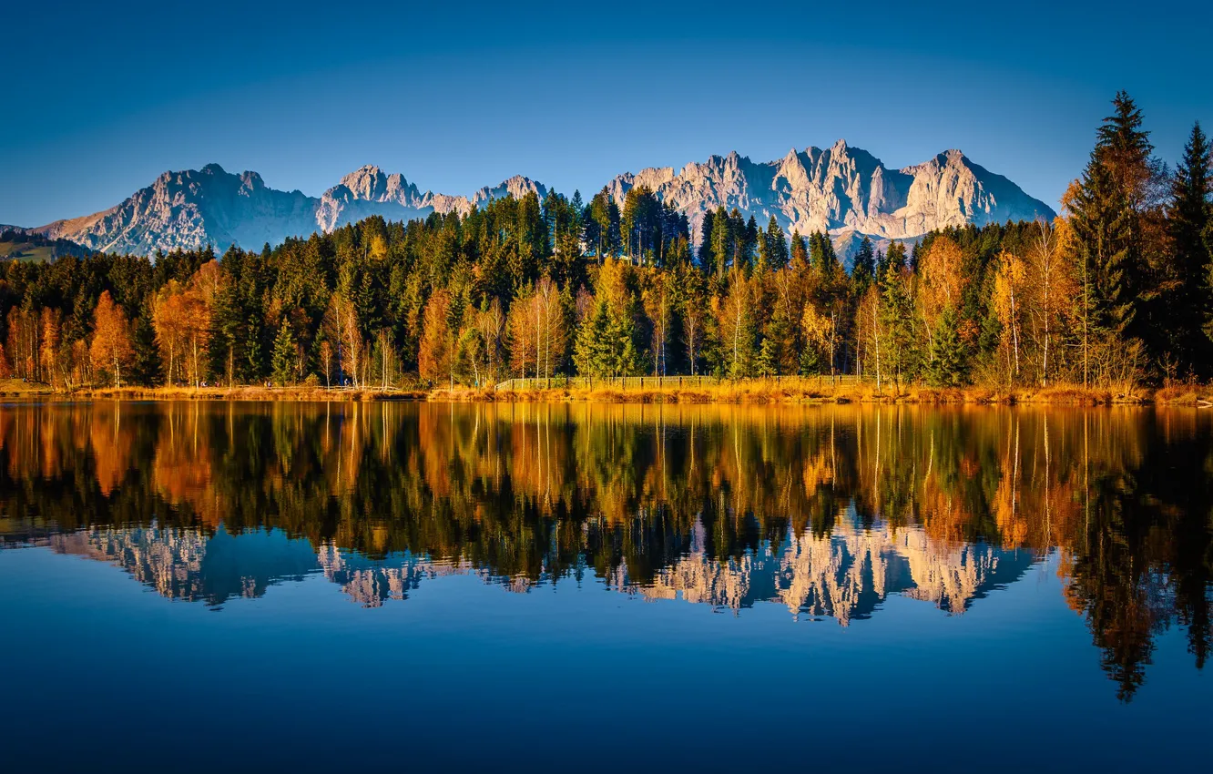 Photo wallpaper autumn, forest, mountains, lake, reflection, Austria, Alps, Austria