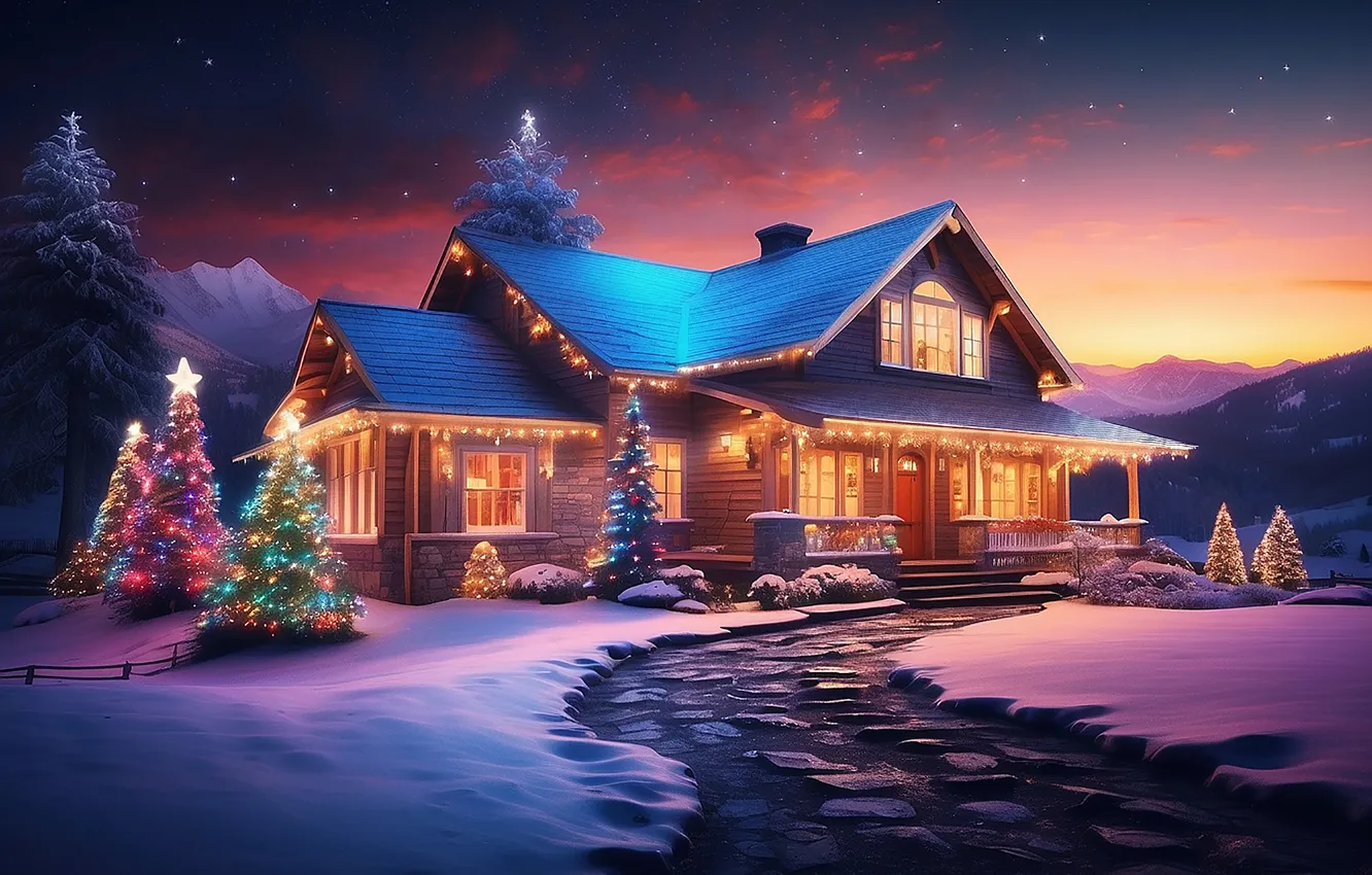 Photo wallpaper snow, decoration, night, lights, tree, new year, home, colorful