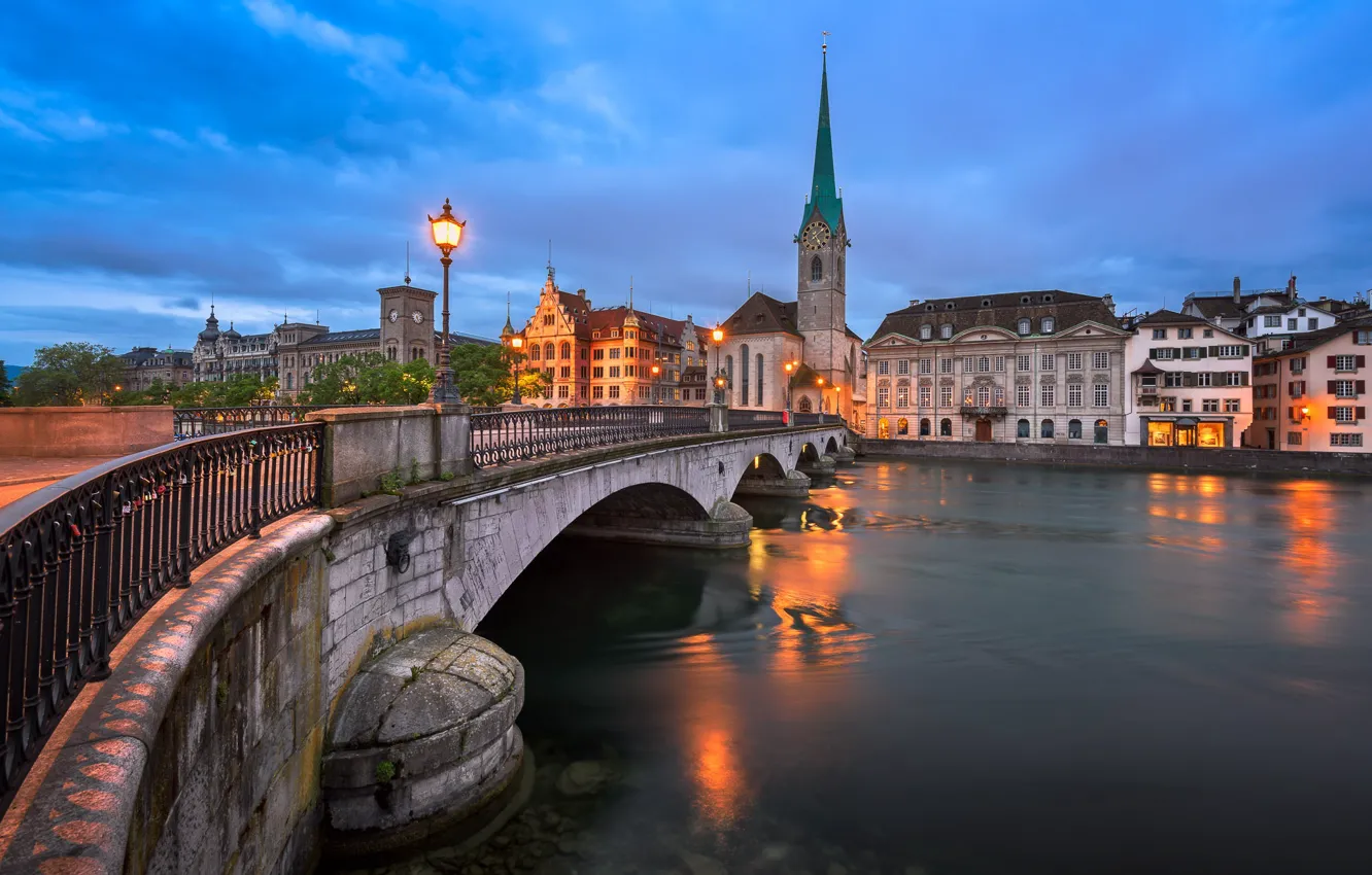Photo wallpaper bridge, river, home, Switzerland, lantern, spire, Zurich