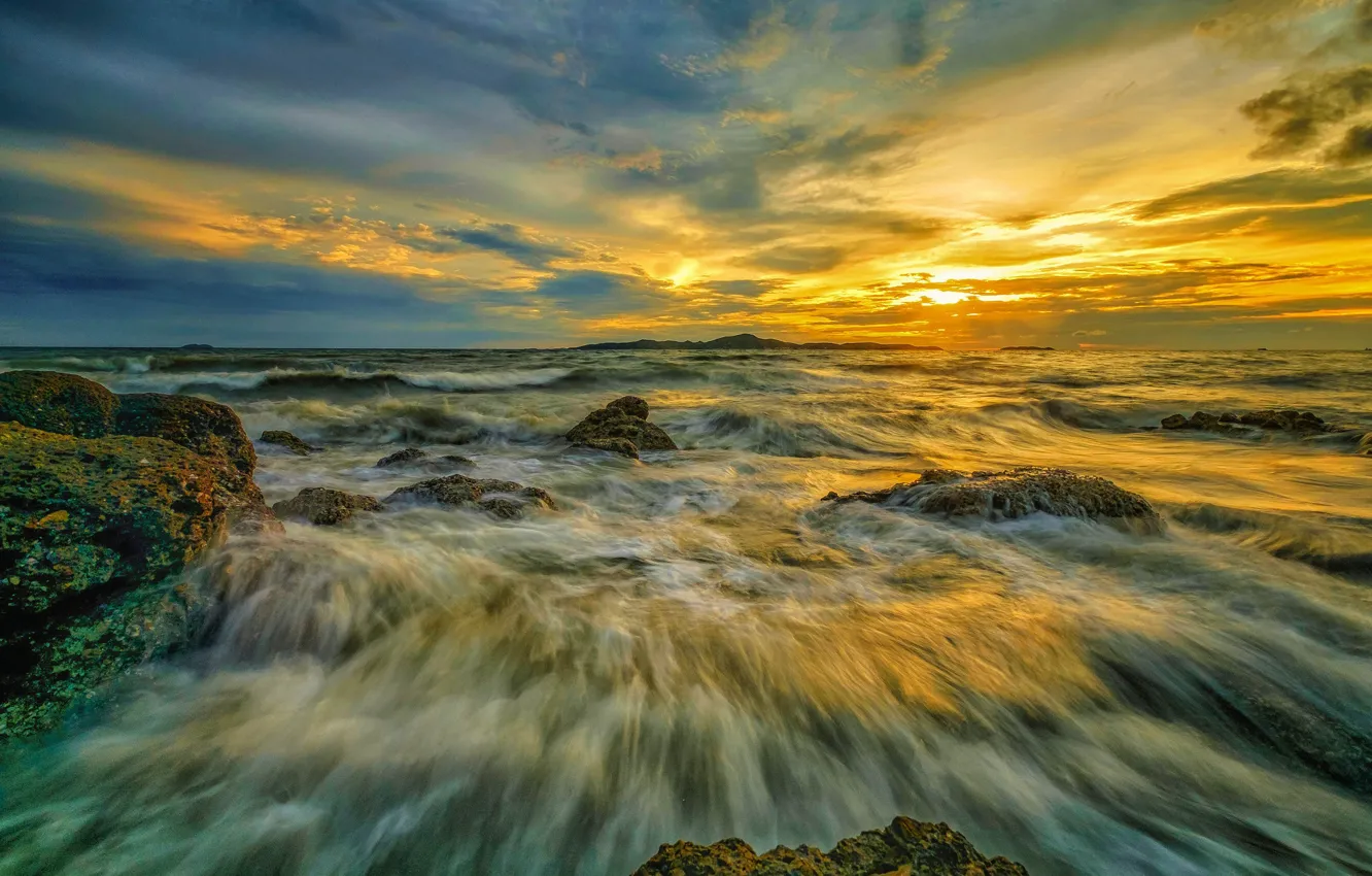 Photo wallpaper sea, wave, sunset, coast