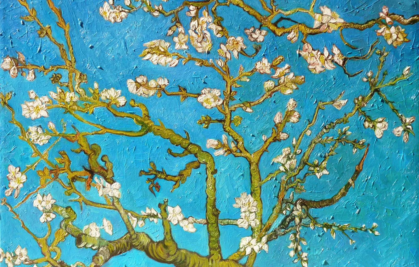 Photo wallpaper branch, picture, painting, blue, art, Vincent van Gogh, the almond tree, Almond Tree