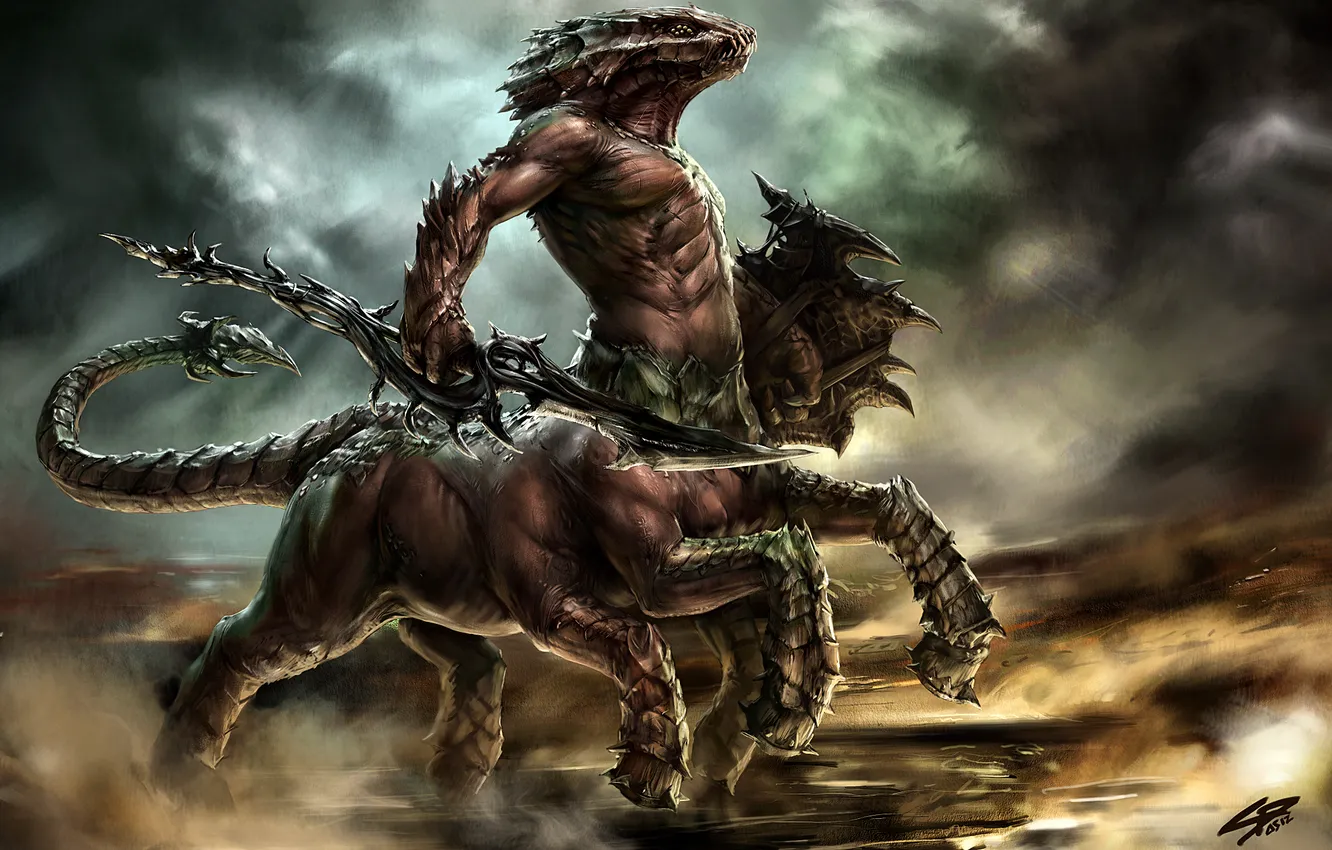 Photo wallpaper weapons, monster, dust, sword, art, shield, race, Red Lorn