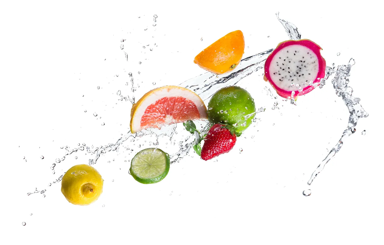 Photo wallpaper water, squirt, lemon, orange, strawberry, white background, lime