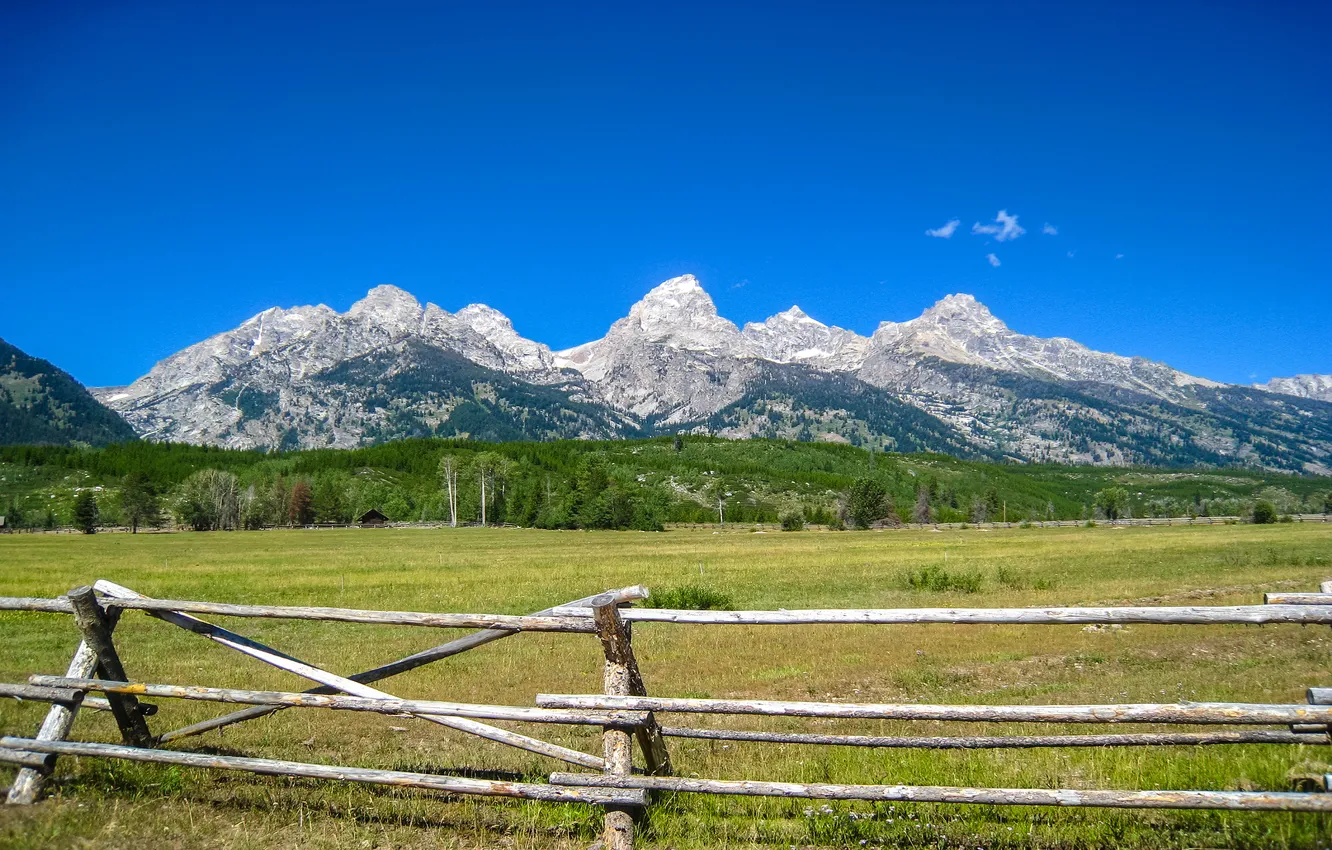 Photo wallpaper field, mountains, nature, the fence, Grand Teton
