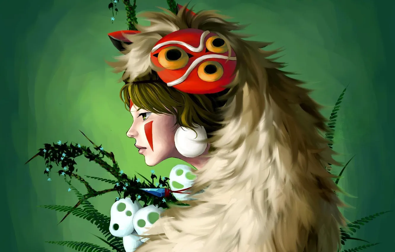 Photo wallpaper girl, background, mask, art, profile, Princess Mononoke