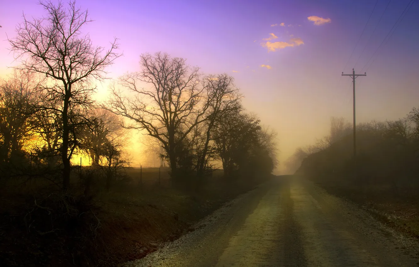 Photo wallpaper road, landscape, sunset, fog