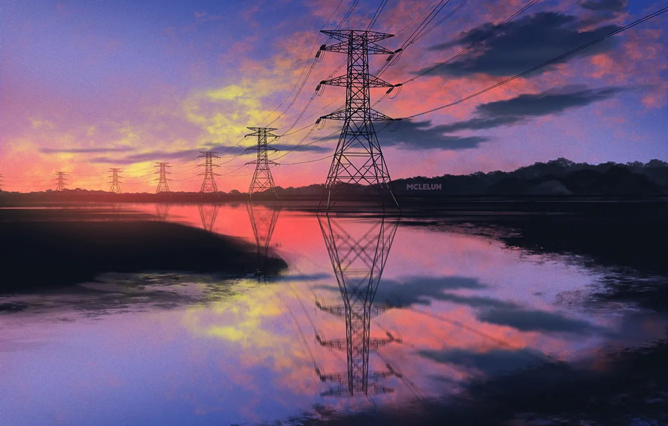 Photo wallpaper water, sunset, power lines, by mclelun