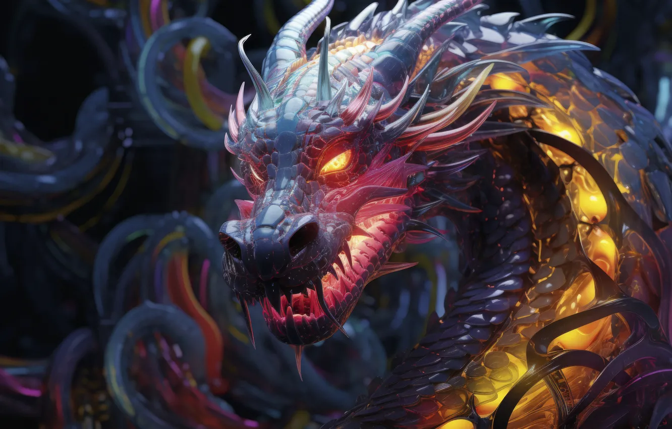 Photo wallpaper fantasy, dragon, mouth, catch, burning gaze