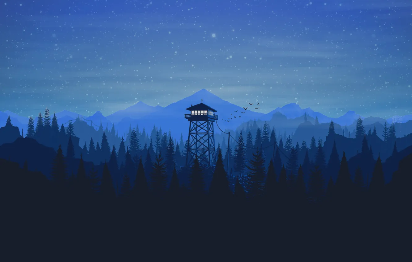 Photo wallpaper Mountains, Night, Stars, The game, Forest, View, Birds, Hills