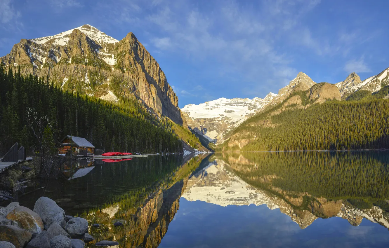 Photo wallpaper forest, clouds, light, snow, mountains, lake, reflection, blue