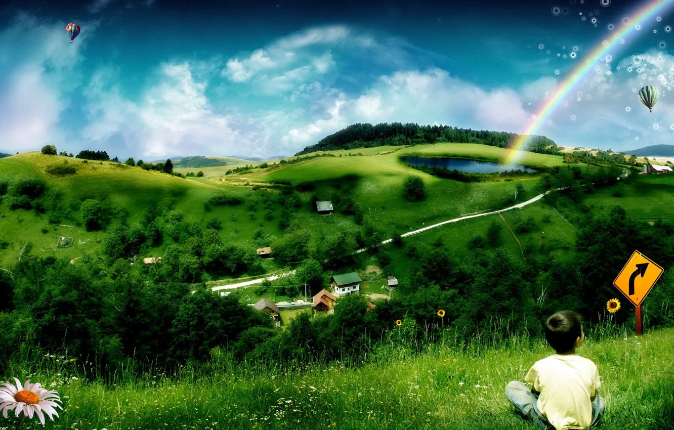 Photo wallpaper children, green, rainbow, Hills