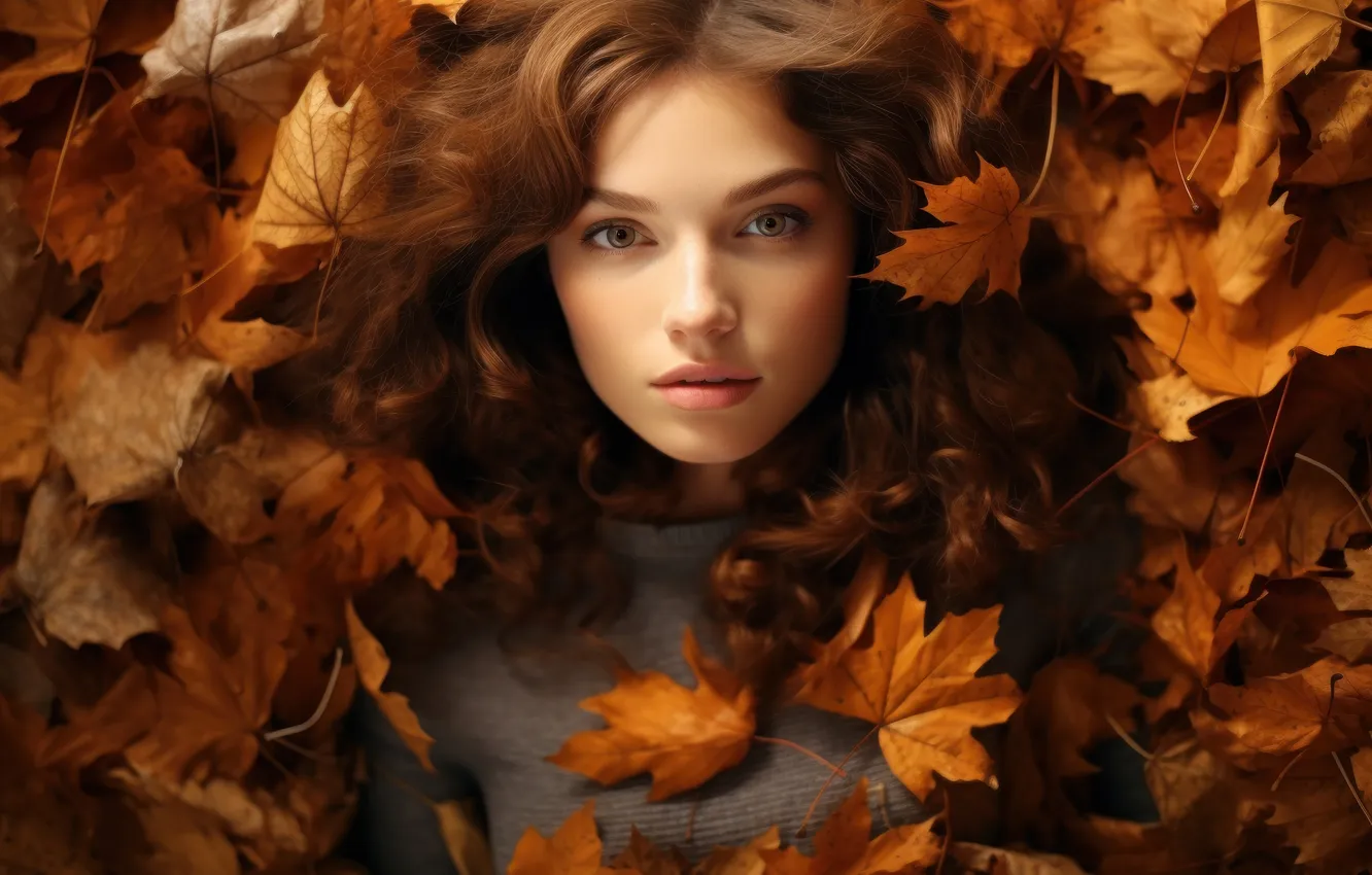 Photo wallpaper autumn, look, girl, nature, face, foliage, portrait, lies