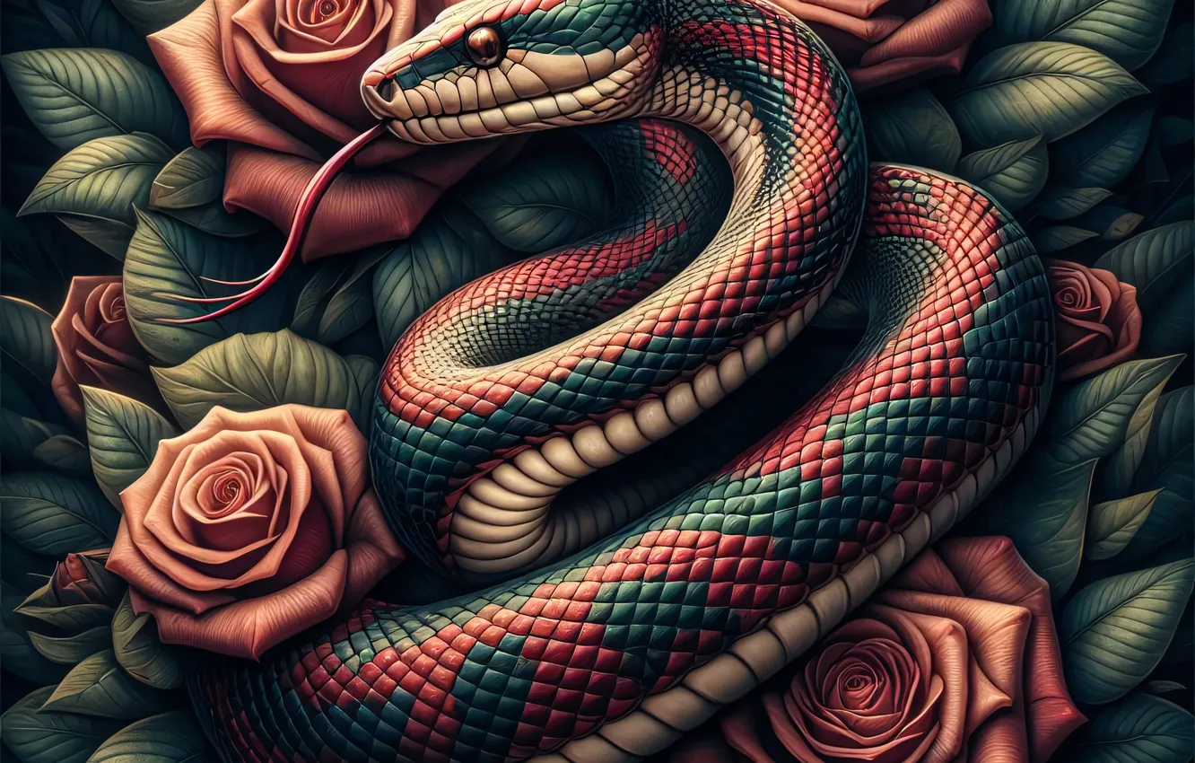 Photo wallpaper look, leaves, flowers, roses, snake, composition, AI art, neural network