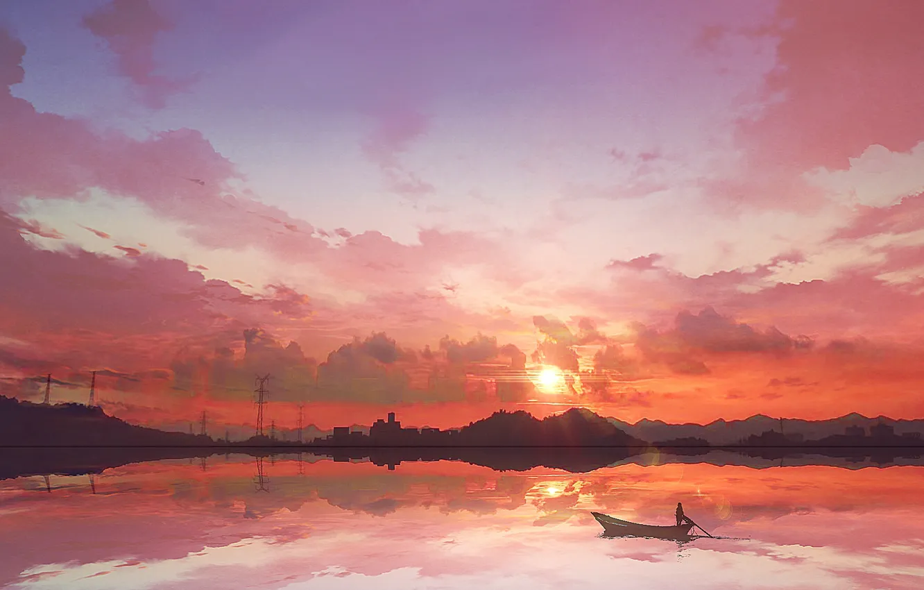 Photo wallpaper the sky, sunset, boat