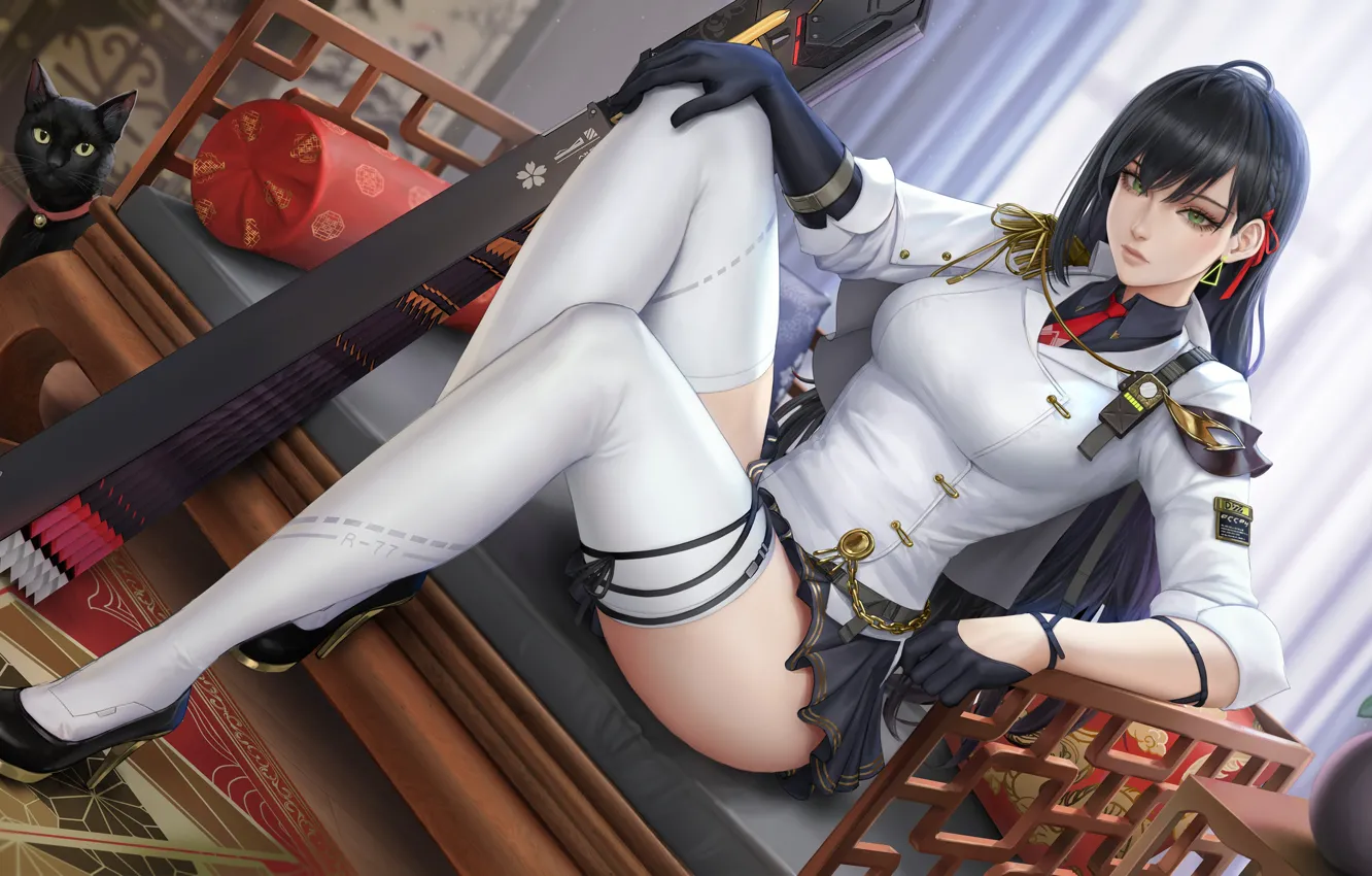 Photo wallpaper weapon, anime, stockings, gloves, anime girls, moles, looking at viewer, Mirco Use Care