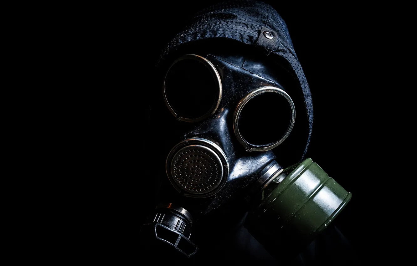 Photo wallpaper jacket, hood, gas mask, male