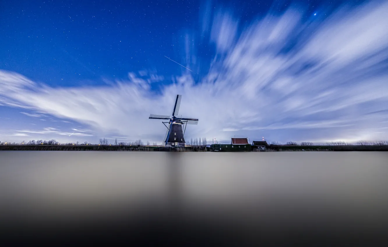 Photo wallpaper the sky, clouds, channel, windmill