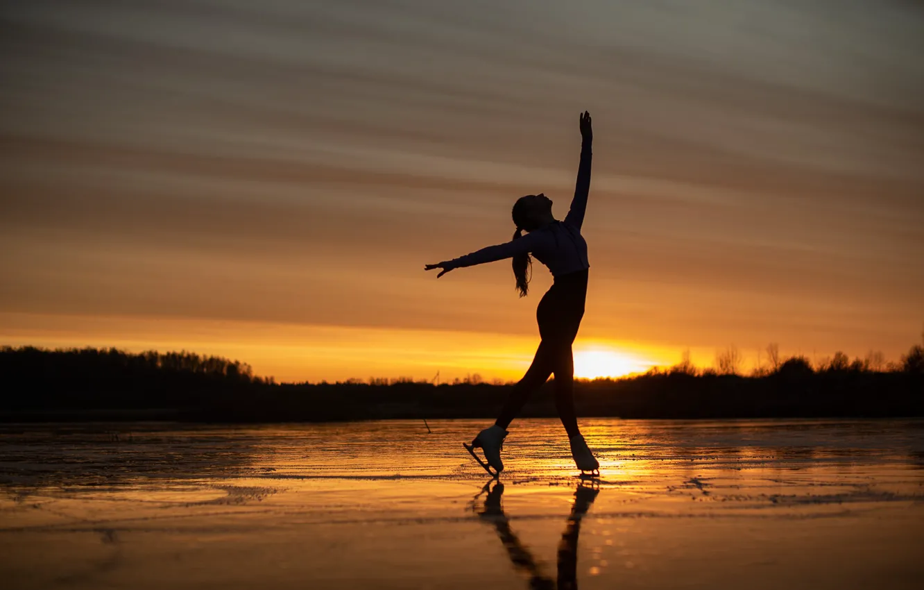 Photo wallpaper girl, sunset, pose, mood, ice, figure skating, skates, frozen lake