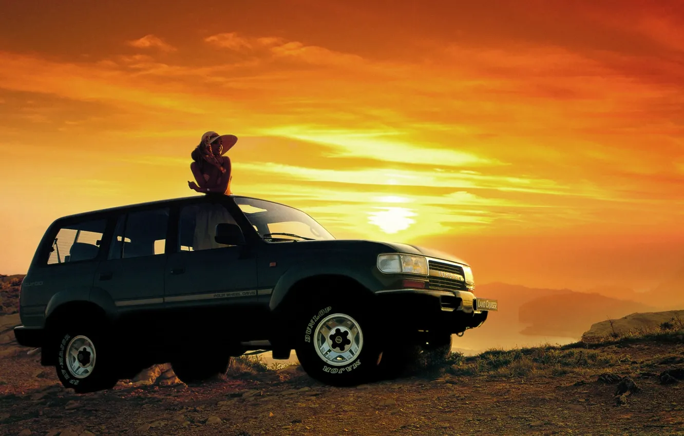 Photo wallpaper girl, sunset, background, jeep, SUV, Toyota, the front, Toyota