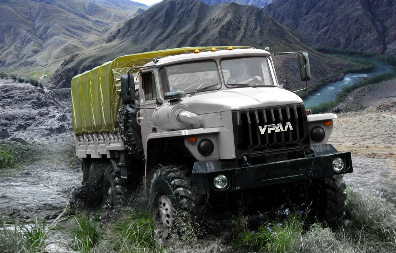 Photo wallpaper Water, Mountains, truck, Dirt, Water, Mountain, Truck, Ural