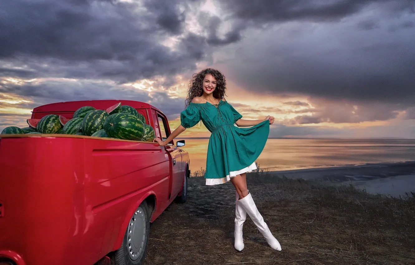 Photo wallpaper auto, girl, pose, smile, river, mood, boots, dress