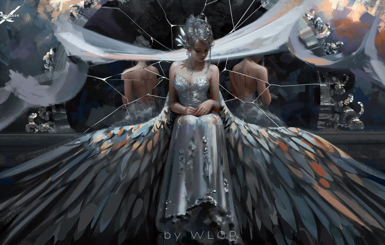 Photo wallpaper girl, blood, fantasy, dress, wings, mood, sadness, elf