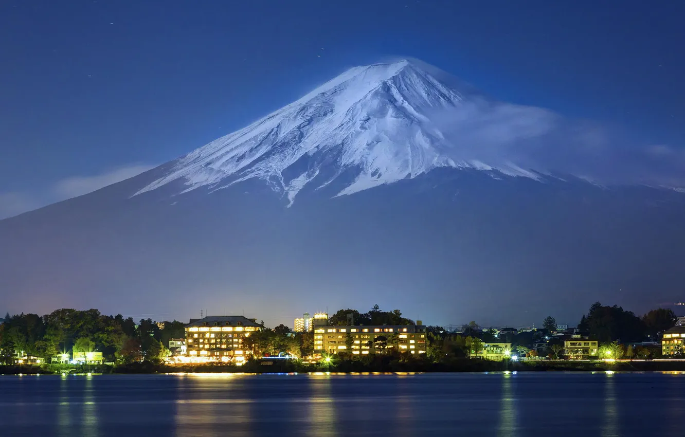 Photo wallpaper light, snow, mountains, the volcano, Japan, Fuji, twilight