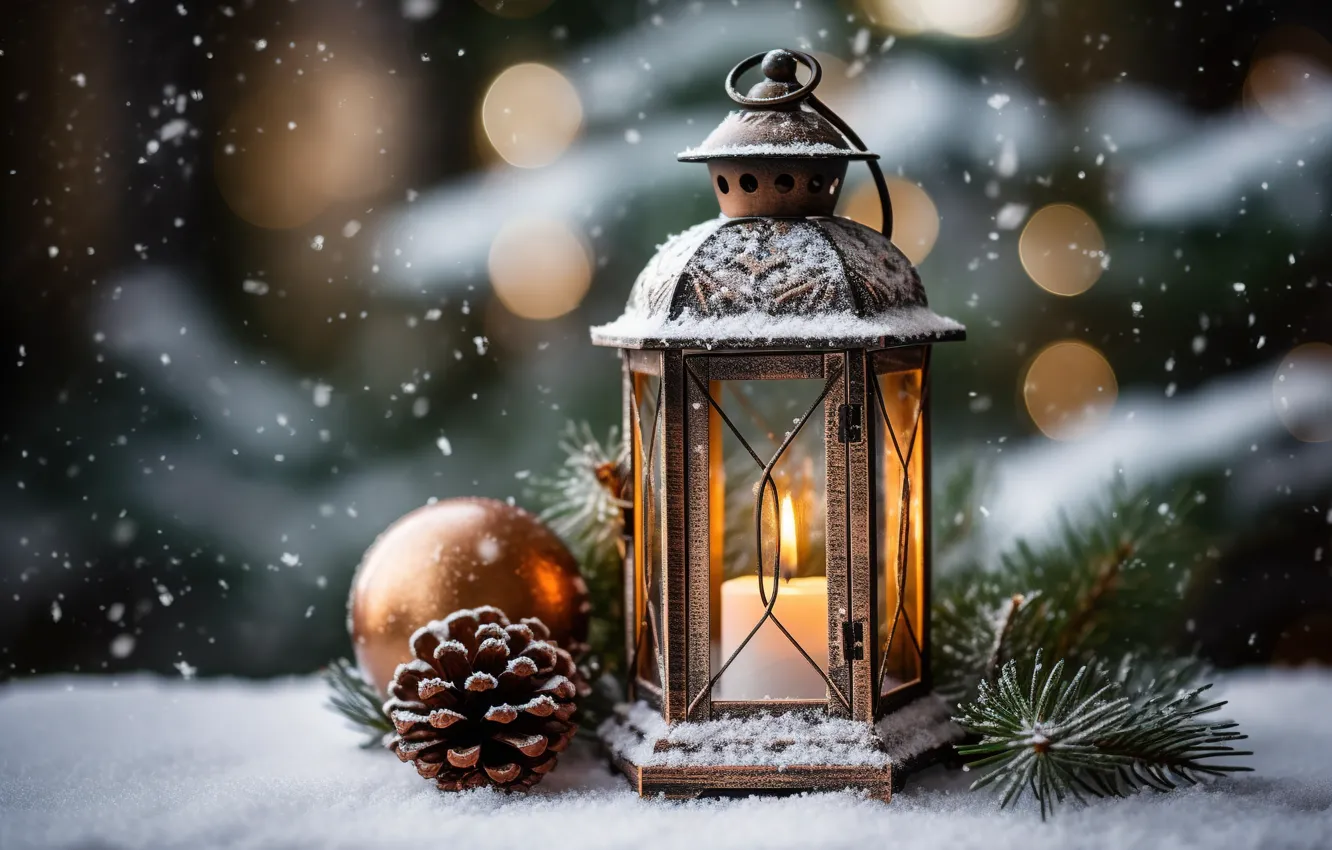 Photo wallpaper winter, snow, decoration, night, New Year, Christmas, lantern, light