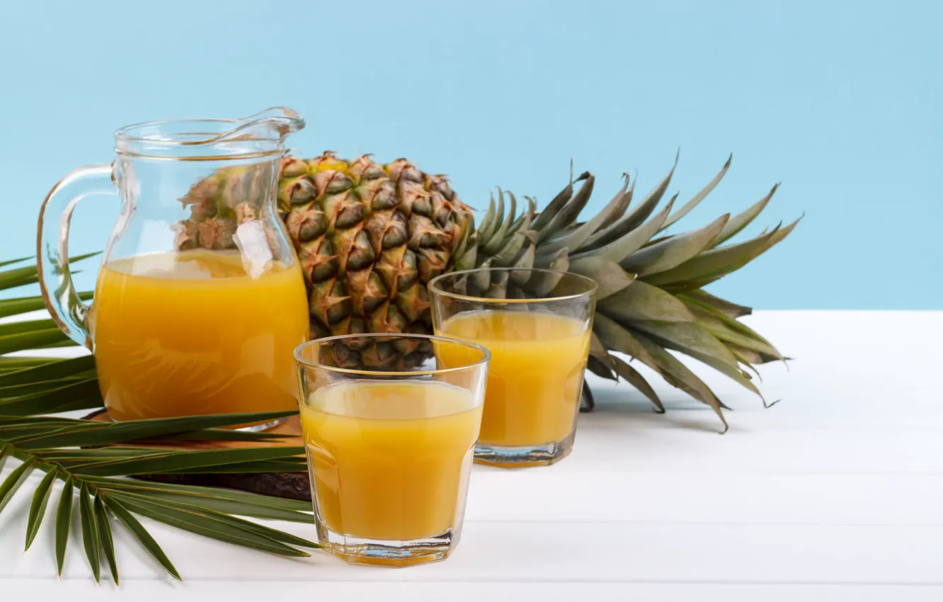 Photo wallpaper glass, leaves, glass, juice, dishes, drink, pitcher, pineapple