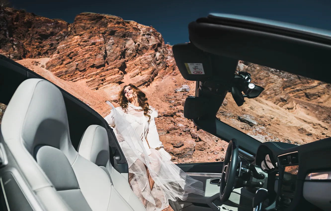Photo wallpaper the sun, landscape, pose, smile, rocks, model, makeup, dress