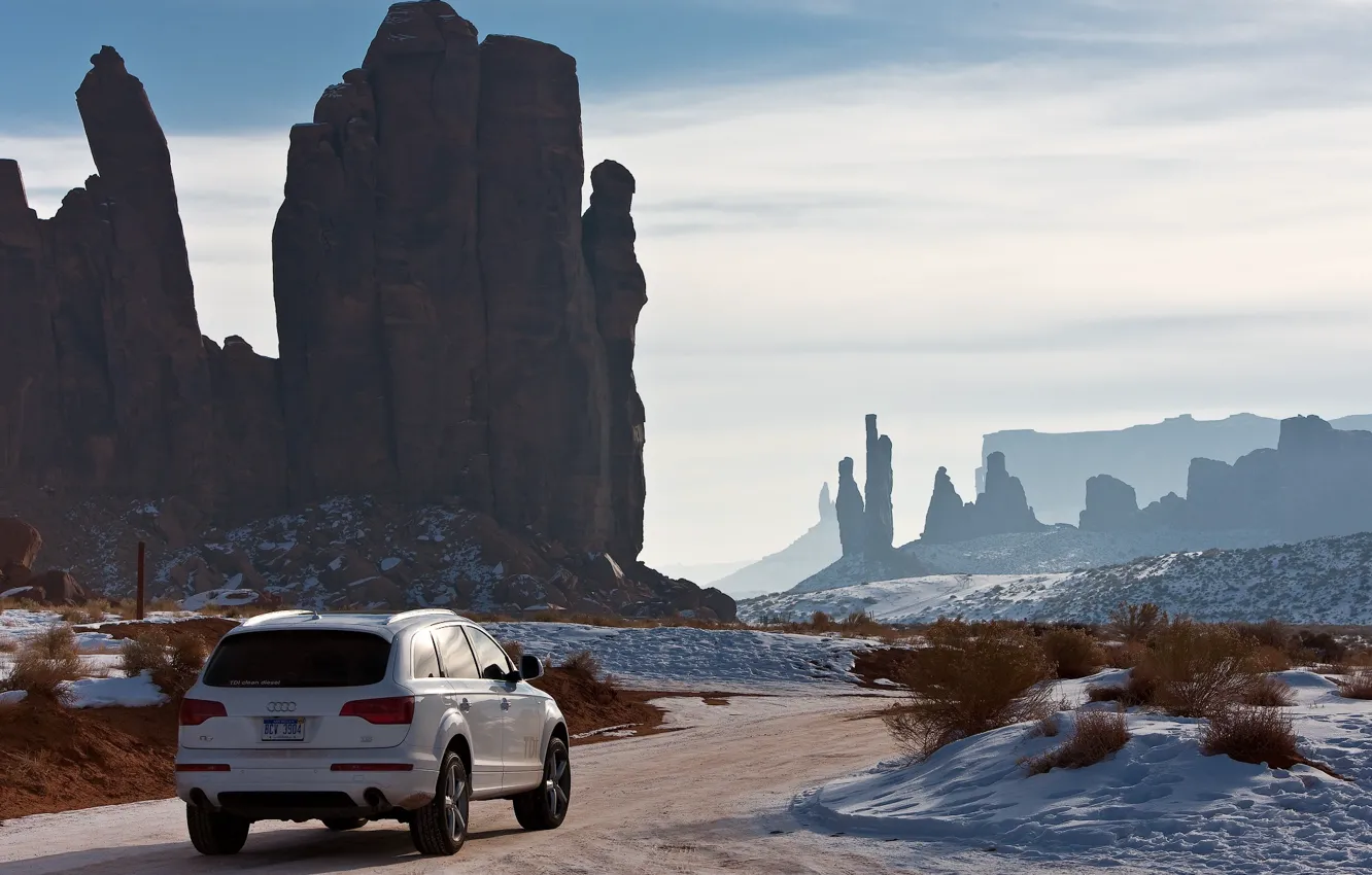 Photo wallpaper winter, road, the sky, snow, landscape, rocks, Audi, auto