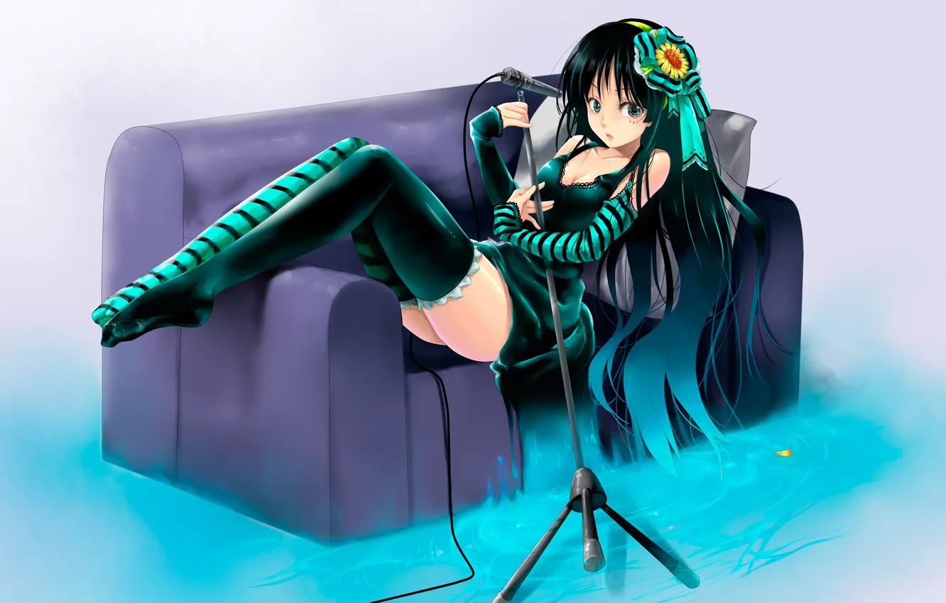 Photo wallpaper look, water, girl, pose, dress, lies, microphone, mio akiyama