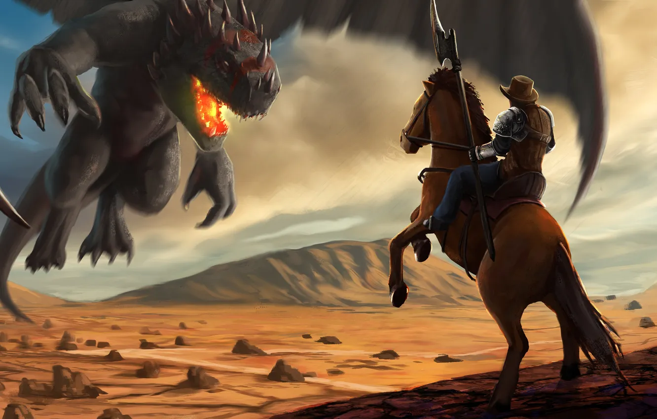 Photo wallpaper dragon, horse, cowboy
