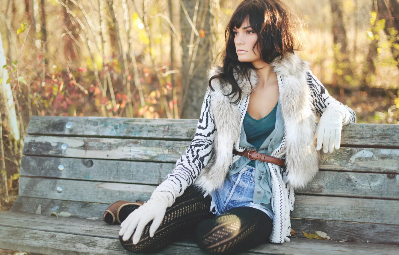 Photo wallpaper girl, bench, nature, style, clothing, brunette