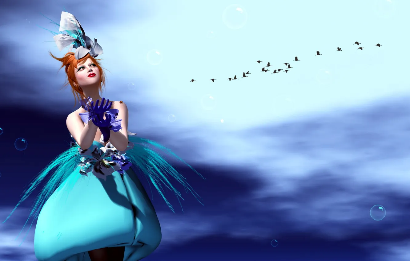 Photo wallpaper girl, rendering, bird