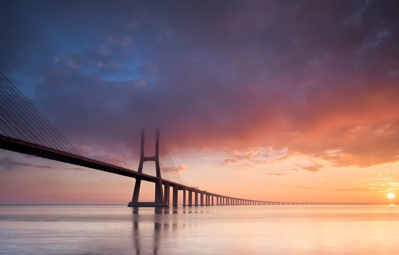 Photo wallpaper sea, sunset, clouds, bridge