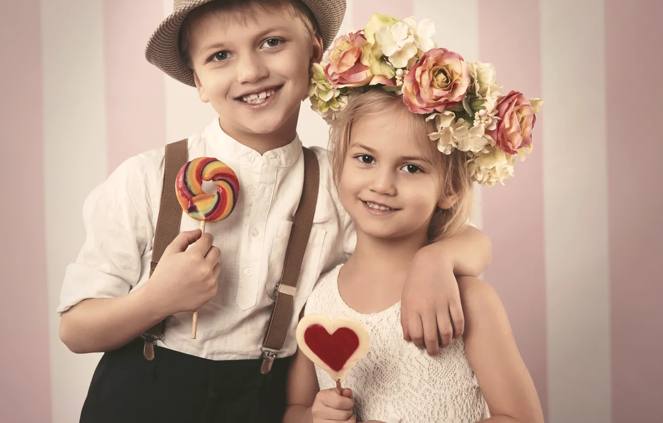 Photo wallpaper flowers, smile, boy, small, hugs, candy, girl, love