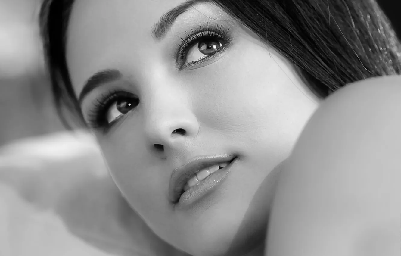 Photo wallpaper look, girl, face, eyelashes, hair, black and white, lips, shoulders
