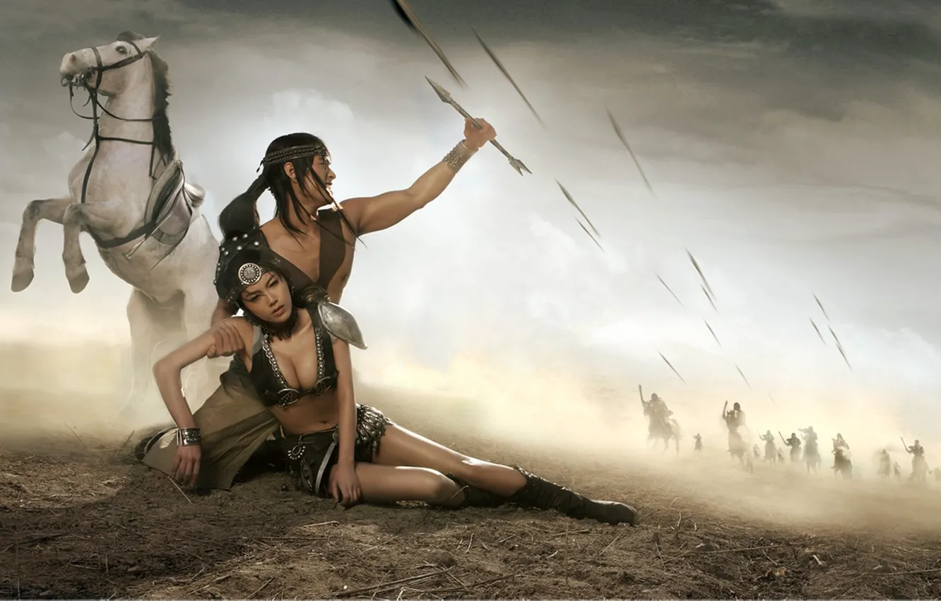 Photo wallpaper white, girl, horse, anger, fatigue, male, guy, fantasy