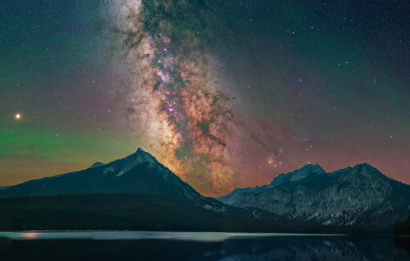 Photo wallpaper forest, the sky, stars, mountains, night, the slopes, the milky way, pond
