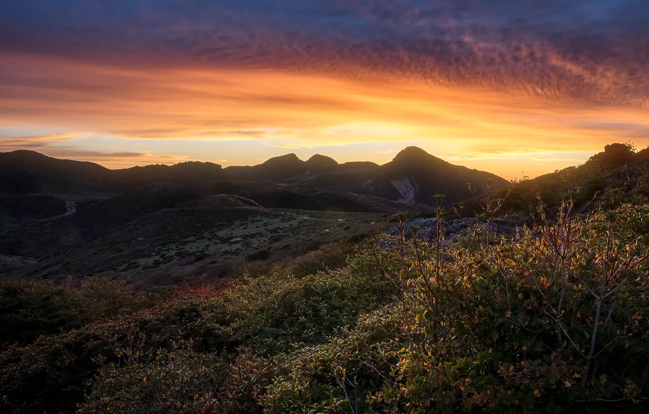 Photo wallpaper autumn, summer, the sky, clouds, light, landscape, sunset, mountains