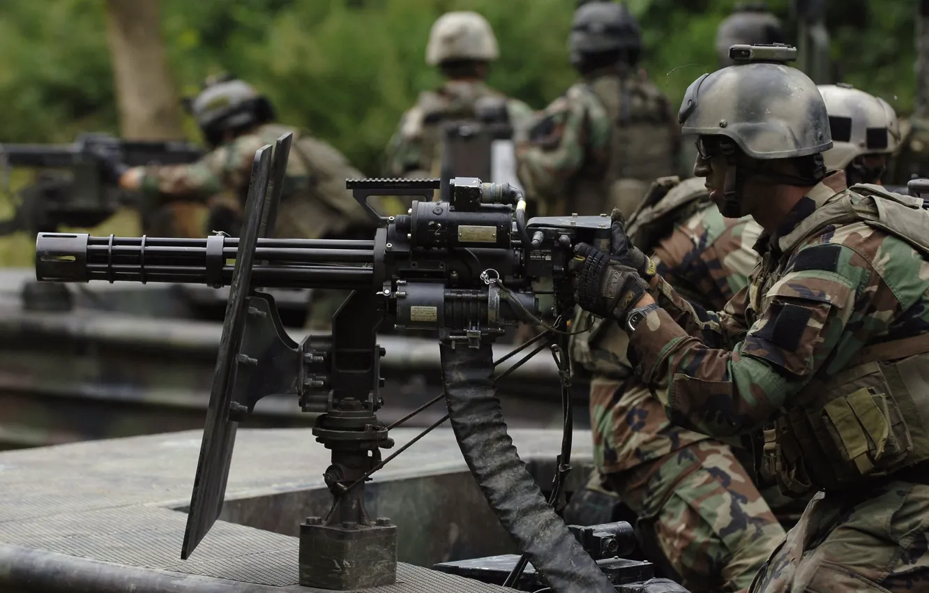 Photo wallpaper gun, USA, bullets, soldier, river, military, weapon, jungle