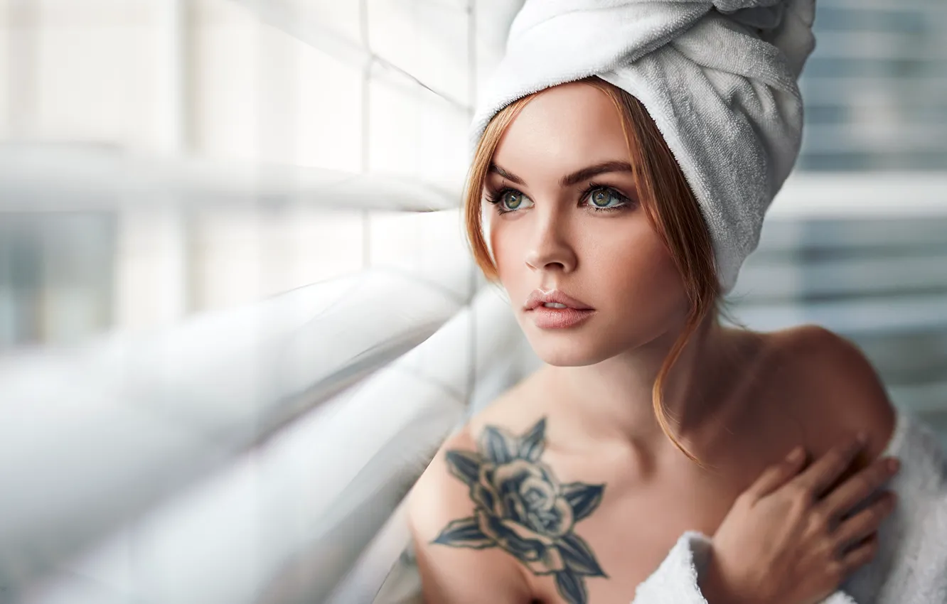 Photo wallpaper girl, face, model, towel, window, beauty, beautiful, looks