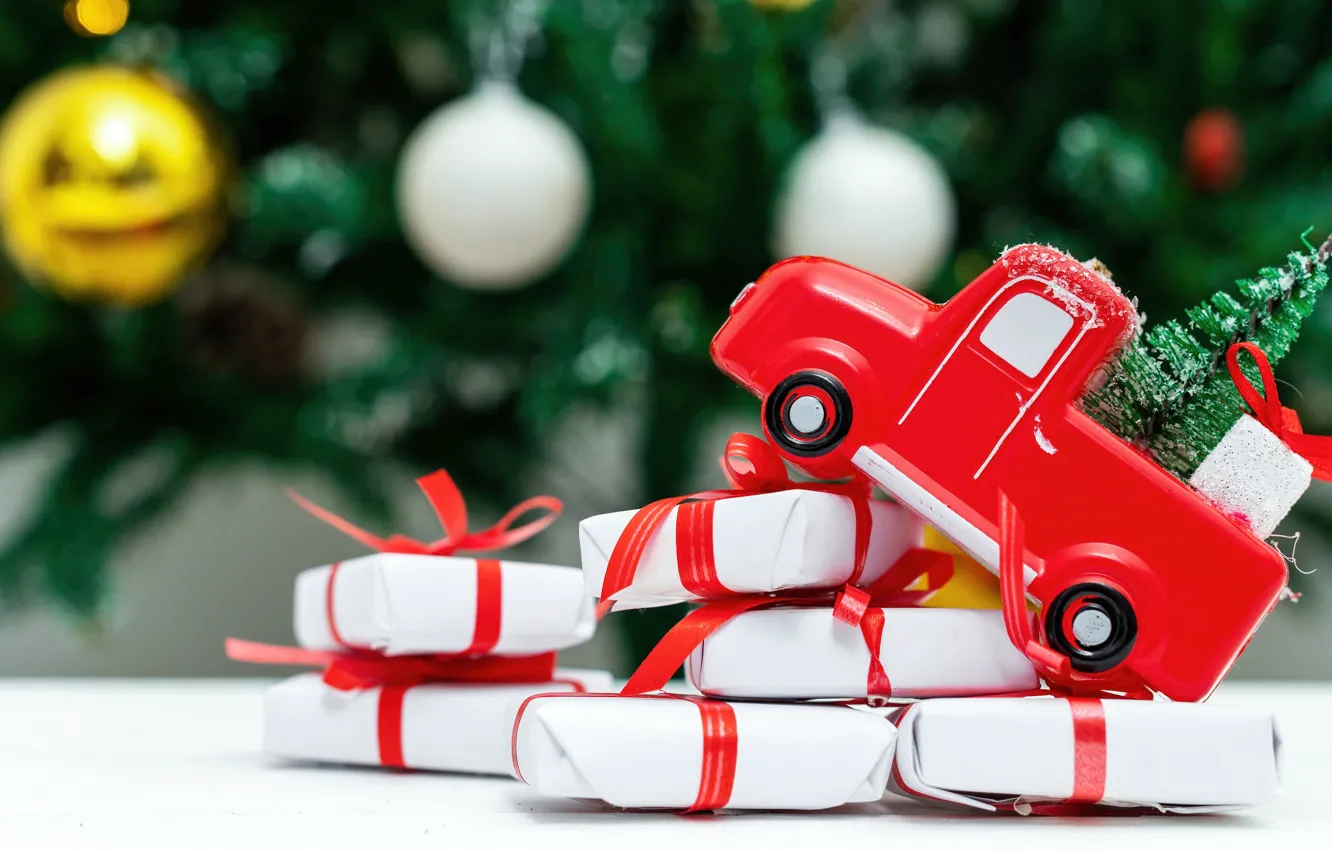 Photo wallpaper machine, balls, red, box, gift, toy, new year, Christmas